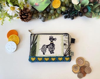 Dog Print Patchwork Bohemian Wallet: Kitsch Poodle, Gold Atomic Hearts, Vegan Suede, Protective Sleeve