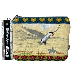 Portafoglio con cerniera carino Flying Seagull, accessorio da viaggio retrò unico, patchwork, design folk scandinavo floreale, tulipano, cuore dorato, argento, blu uovo d'anatra