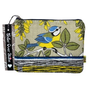 Leuke pimpelmeesprint jaren 50 stof schors bank geldzakje eigentijds modern designer katoenfluweel dames retro milieuvriendelijk reisaccessoire