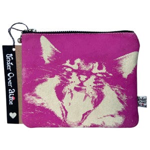 Wilde Kitty Geldbörse Vegan Wildleder Reißverschluss Beutel Kitty Münze Reise Brieftasche Wildkatze Pop Siebdruck Schwarz Rosa Stoff Einzigartiges Geschenk für Sie