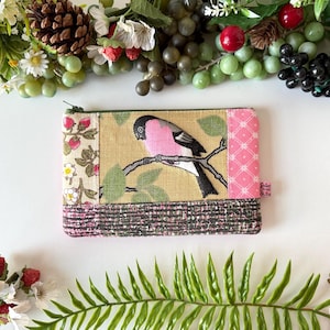 Bullfinch Print Floral Makeup Bag: Strawberry Patch, 1950s Speckled Bark Cloth, Songbird Creative Designs