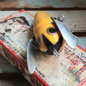 Vintage Fishing Lure Heddon Yellow Crazy Crawler Wood and Metal