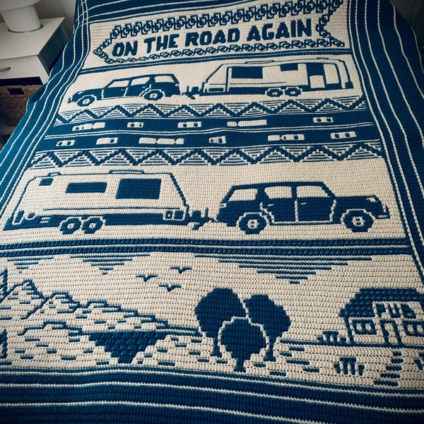 Home On The Road Mosaic Crochet Throw (Car and Caravan)