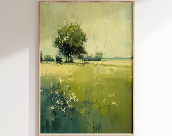 Green Landscape Printable Wall Art | Abstract Tree Field Painting | Digital Download