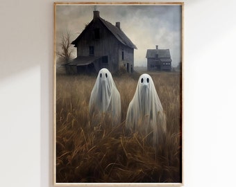 May include: Two white ghosts stand in a field of tall, dry grass in front of two abandoned houses. The houses are wooden and weathered, with broken windows and peeling paint. The sky is overcast and gray.