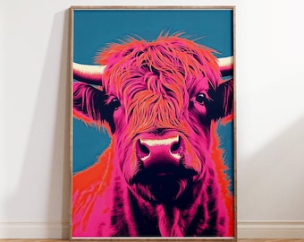 Pop Art Highland Cow Print | Digital Download Printable Wall Art | Colorful Animal Decor