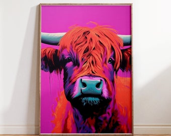Highland Cow Pop Art Print | Colorful Digital Download | Bold Animal Wall Art