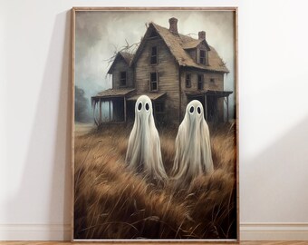 May include: A painting of two white ghosts standing in a field of tall grass in front of an abandoned, weathered wooden house.