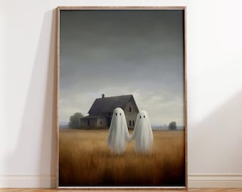 May include: Framed art print featuring two white ghost figures holding hands in a field of tall grass. A weathered barn sits in the background under a cloudy sky. The artwork is displayed in a wooden frame.