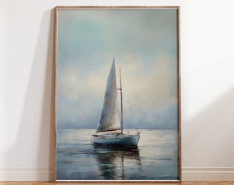 Segelbåt oljemålning | Vintage kustväggkonst | Digital nedladdning nautisk dekor