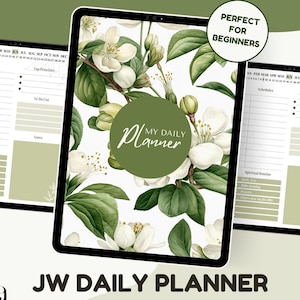 Könnte beinhalten: Eine digitale Planervorlage mit einem floralen Design mit weißen Blüten und grünen Blättern. Der Planer trägt den Titel "My Daily Planner" und enthält Abschnitte für Zeitpläne, Top-Prioritäten, To-Do-Liste, spirituelle Routine und Notizen. Der Text "JW Daily Planner" wird unter dem Bild angezeigt. Der Text "Verwenden Sie in Goodnotes, Notability, Xodo usw. Tausende von Hyperlinks" wird ebenfalls unter dem Bild angezeigt.