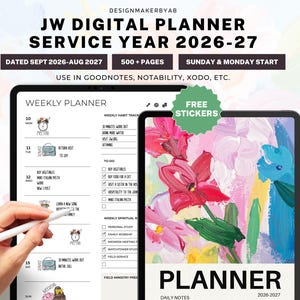Könnte beinhalten: Ein digitaler Planer für das Dienstjahr 2026-2027 auf zwei Tablets. Der Bildschirm zeigt ein Wochenlayout mit Gewohnheitstrackern, Aufgabenlisten und einem floralen Cover-Design. Der Text lautet JW DIGITAL PLANNER SERVICE YEAR 2026-27.