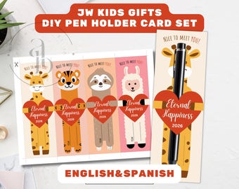 Printable Pen Holder JW Kids Gifts for Convention Eternal Happiness, 2026 Assembly, Diy Gift, Pen Sleeve Template Animals, English&Spanish