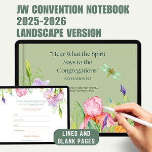 May include: A digital notebook with the text "JW Convention Notebook 2025-2026 Landscape Version." The notebook features floral watercolor designs and the quote "Hear What the Spirit Says to the Congregations." It includes lined and blank pages.
