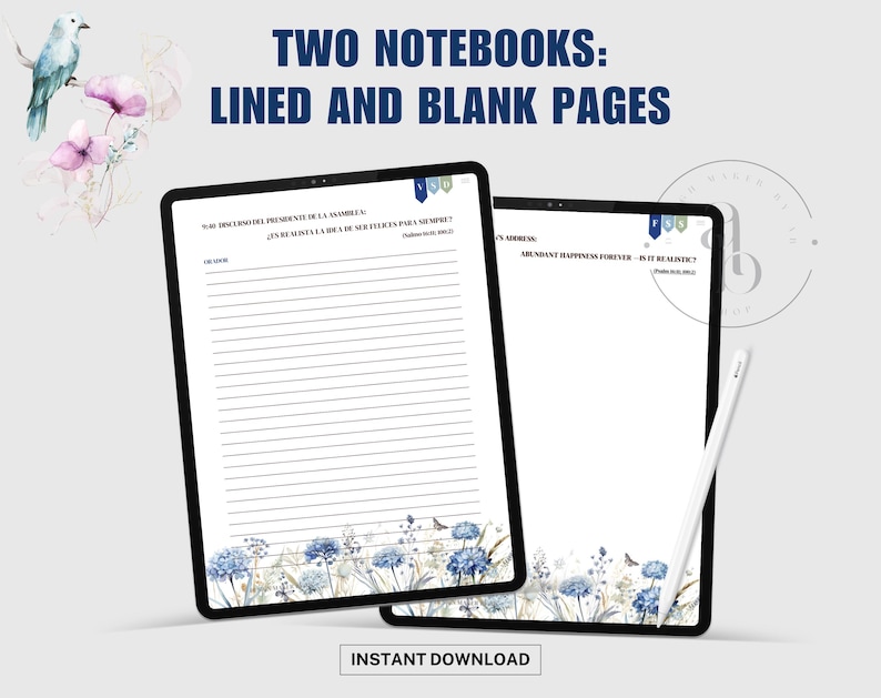 May include: Two digital notebooks with lined and blank pages. The notebooks have a black border and feature floral designs in blue and white. The text on the notebooks reads "TWO NOTEBOOKS: LINED AND BLANK PAGES" and "INSTANT DOWNLOAD".