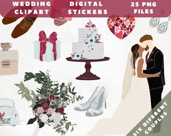 Wedding stickers, Wedding planning, Bridal digital planner stickers, Wedding Elements, Bride Clipart, Wedding cake, Just Married Car