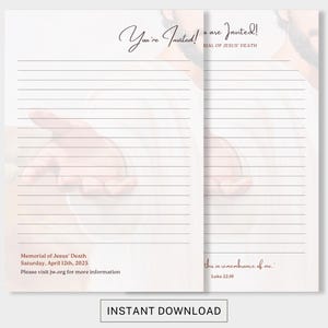 Invitación conmemorativa de los testigos de Jehová, papel con membrete para escribir cartas de los testigos de Jehová, Lucas 22:19, campaña conmemorativa de 2025, imprimible de los testigos de Jehová, papel rayado sin rayar, regalos de los testigos de Jehová