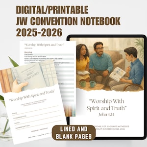 May include: Digital and printable JW Convention Notebook 2025-2026. The image shows a tablet with a digital notebook open, featuring lined and blank pages. The notebook includes the text "Worship With Spirit and Truth" and a watercolor illustration of people.