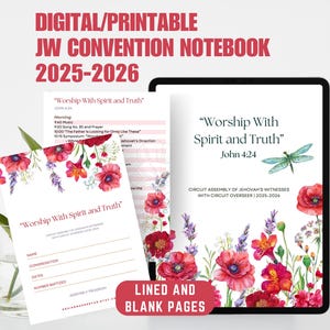 Può includere: Quaderno digitale/stampabile per la convention JW 2025-2026. Il quaderno presenta il testo "Adora con spirito e verità" e illustrazioni floreali. Il quaderno include pagine a righe e bianche.