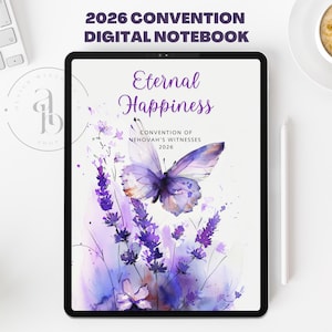 Puede incluir: Un cuaderno digital con el texto "2026 Convention Digital Notebook" y "Eternal Happiness". La portada presenta una mariposa de acuarela y un diseño de lavanda en tonos morados. El cuaderno está en una tableta.