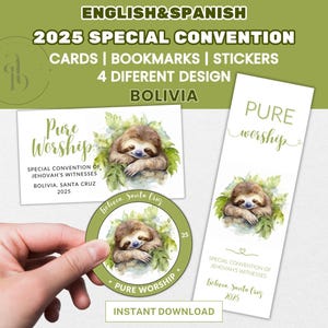 2025 JW Sonderkonvention Bolivien, Santacruz, reine Anbetung, JW Geschenke, druckbare Lesezeichen, Karten, Aufkleber, erhältlich in Englisch und Spanisch