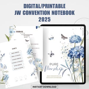 Könnte beinhalten: Ein digitaler, druckbarer Notizblock für die Jehovas Zeugen-Konvention 2025. Das Cover zeigt ein Aquarelldesign mit blauen Blumen und Schmetterlingen mit dem Text "Reine Anbetung" und "2025 Konvention der Zeugen Jehovas".