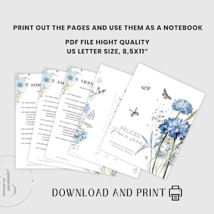 May include: A stack of printable notebook pages with a floral design in blue and white. The pages have text in Spanish and the text "PRINT OUT THE PAGES AND USE THEM AS A NOTEBOOK". The pages are US Letter size, 8.5x11 inches.