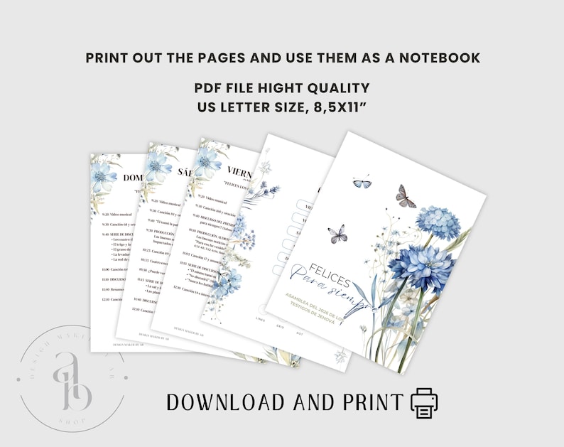 May include: A stack of printable notebook pages with a floral design in blue and white. The pages have text in Spanish and the text "PRINT OUT THE PAGES AND USE THEM AS A NOTEBOOK". The pages are US Letter size, 8.5x11 inches.