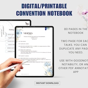 May include: Digital printable convention notebook displayed on two tablets. The notebook features a floral design with blue accents and text in Spanish. The text includes "Digital/Printable Convention Notebook", "80 pages in the notebook", and "Instant Download".
