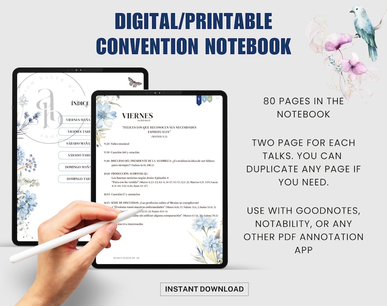 May include: Digital printable convention notebook displayed on two tablets. The notebook features a floral design with blue accents and text in Spanish. The text includes "Digital/Printable Convention Notebook", "80 pages in the notebook", and "Instant Download".