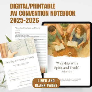May include: Digital printable JW Convention Notebook 2025-2026. The image shows a tablet displaying a notebook page with the text "Worship With Spirit and Truth". A stack of books and a glass vase with greenery are also visible.