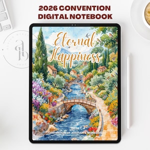 Könnte beinhalten: Ein digitales Notizbuch mit dem Text "2026 Convention Digital Notebook" und einer Aquarellillustration einer Landschaft mit Fluss, Brücke und den Worten "Eternal Happiness". Das Notizbuch liegt auf einer weißen Oberfläche.