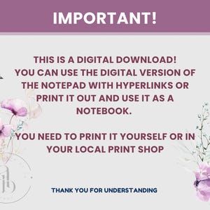 May include: Digital download announcement with text "IMPORTANT!" and details about the digital notepad. Includes watercolor illustrations of a bird, flowers, and a logo. The text explains the digital download.