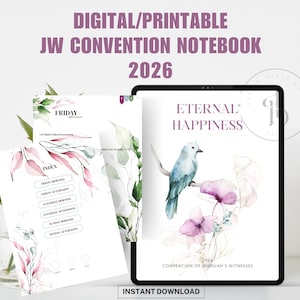 Peut inclure: Cahier de convention JW numérique/imprimable 2026. Le cahier présente une illustration à l'aquarelle d'un oiseau bleu sur une branche avec des fleurs roses. Le cahier comprend un index et une section vendredi. Les mots "Eternal Happiness" sont également visibles.
