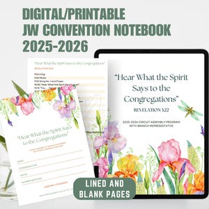 Peut inclure: Carnet de convention JW numérique et imprimable 2025-2026. Le carnet présente le texte « Écoutez ce que l’esprit dit aux assemblées » avec des illustrations florales et de libellules. Comprend des pages lignées et vierges.