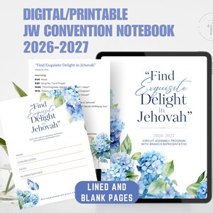 May include: A digital printable JW convention notebook for 2026-2027 featuring blue hydrangea floral illustrations and a butterfly. The cover and interior pages display the text Find Exquisite Delight in Jehovah, along with lined and blank sections.