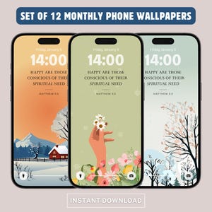 May include: Set of 12 monthly phone wallpapers. Each phone displays a different nature-themed background with the text "Happy are those conscious of their spiritual need" and the time 14:00. The wallpapers are available for instant download.
