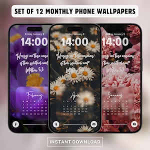 JW wallpaper for IPhone& Android, 2026 Yeartext Screensavers, Set of 12 Monthly Phone Lockscreen with monthly calendar, Flower theme