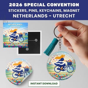 May include: Promotional items for the 2026 Special Convention in the Netherlands, including stickers, pins, keychains, and a magnet. The items feature a design of a person riding a bicycle with flowers and the text "Eternal Happiness."