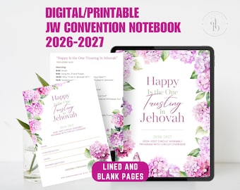 Anteckningsbok för kretssammankomsten 2026-2027, digital och utskrivbar, JW-anteckningsbok med blommor, JW-konventsanteckningsbok, Lycklig är den som förtröstar på Jehova