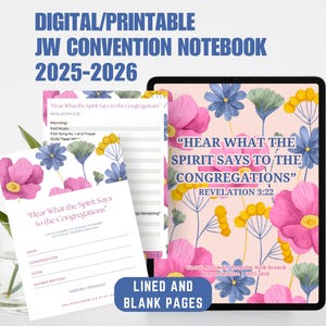 Puede incluir: Cuaderno digital e imprimible de la Convención JW 2025-2026. El cuaderno presenta páginas rayadas y en blanco con diseños florales. La portada y las páginas muestran el texto "Oigan lo que el Espíritu dice a las congregaciones."