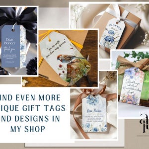 May include: A collection of gift tags with watercolor designs. The tags feature various floral and nature-inspired illustrations. The text on the tags includes "Dear Pioneer", "Thank you", and "Hope all that you've learned never leaves your heart".
