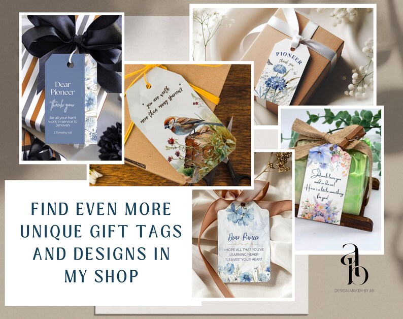 May include: A collection of gift tags with watercolor designs. The tags feature various floral and nature-inspired illustrations. The text on the tags includes "Dear Pioneer", "Thank you", and "Hope all that you've learned never leaves your heart".