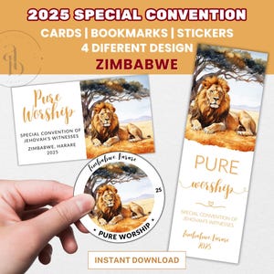 Convenção Especial das TJ de 2025, Zimbábue, Harare, Adoração Pura, Presentes para a Convenção Internacional das TJ, Marcador para impressão, Cartão das TJ, Adesivos, Presente de broche