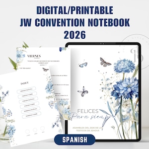 Puede incluir: Cuaderno de Convención JW Digital/Imprimible 2026. El cuaderno presenta un diseño floral con flores azules y mariposas. El texto incluye "Felices Para Siempre" y "Spanish". El cuaderno está diseñado para la convención de 2026.