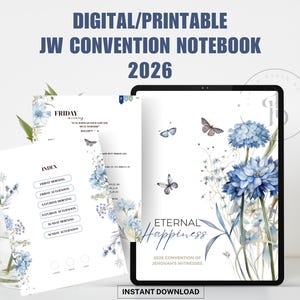 Könnte beinhalten: Digitales, druckbares JW-Kongress-Notizbuch 2026. Das Notizbuch hat ein Blumendesign mit blauen Blumen und Schmetterlingen. Der Text "Eternal Happiness" wird auf dem Tablet-Bildschirm angezeigt. Die Worte "Sofort-Download" sind ebenfalls sichtbar.
