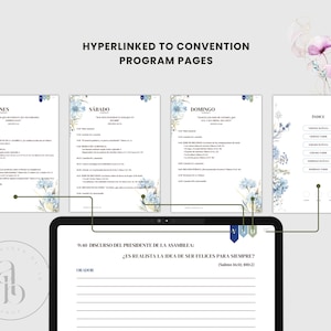 May include: A digital tablet displaying a convention program with floral accents and the text "HYPERLINKED TO CONVENTION PROGRAM PAGES." The program includes sections for Friday, Saturday, and Sunday, with a detailed index. A bird and flowers are in the upper right corner.