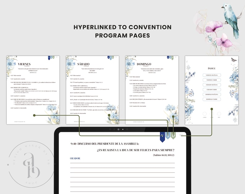 May include: A digital tablet displaying a convention program with floral accents and the text "HYPERLINKED TO CONVENTION PROGRAM PAGES." The program includes sections for Friday, Saturday, and Sunday, with a detailed index. A bird and flowers are in the upper right corner.