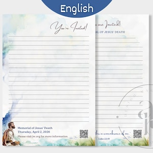 May include: Two-page invitation with watercolor-style blue and green accents. The text "You're Invited!" is written in elegant script. The invitation includes lined spaces for writing and details about the "Memorial of Jesus' Death" on April 2, 2026.