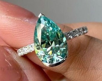 2.50Ct Pear Cut Cyan Blue Moissanite Ring Unique Engagement Ring Wedding Ring Solitaire Ring 14K Solid Yellow Gold Anniversary Ring For Her